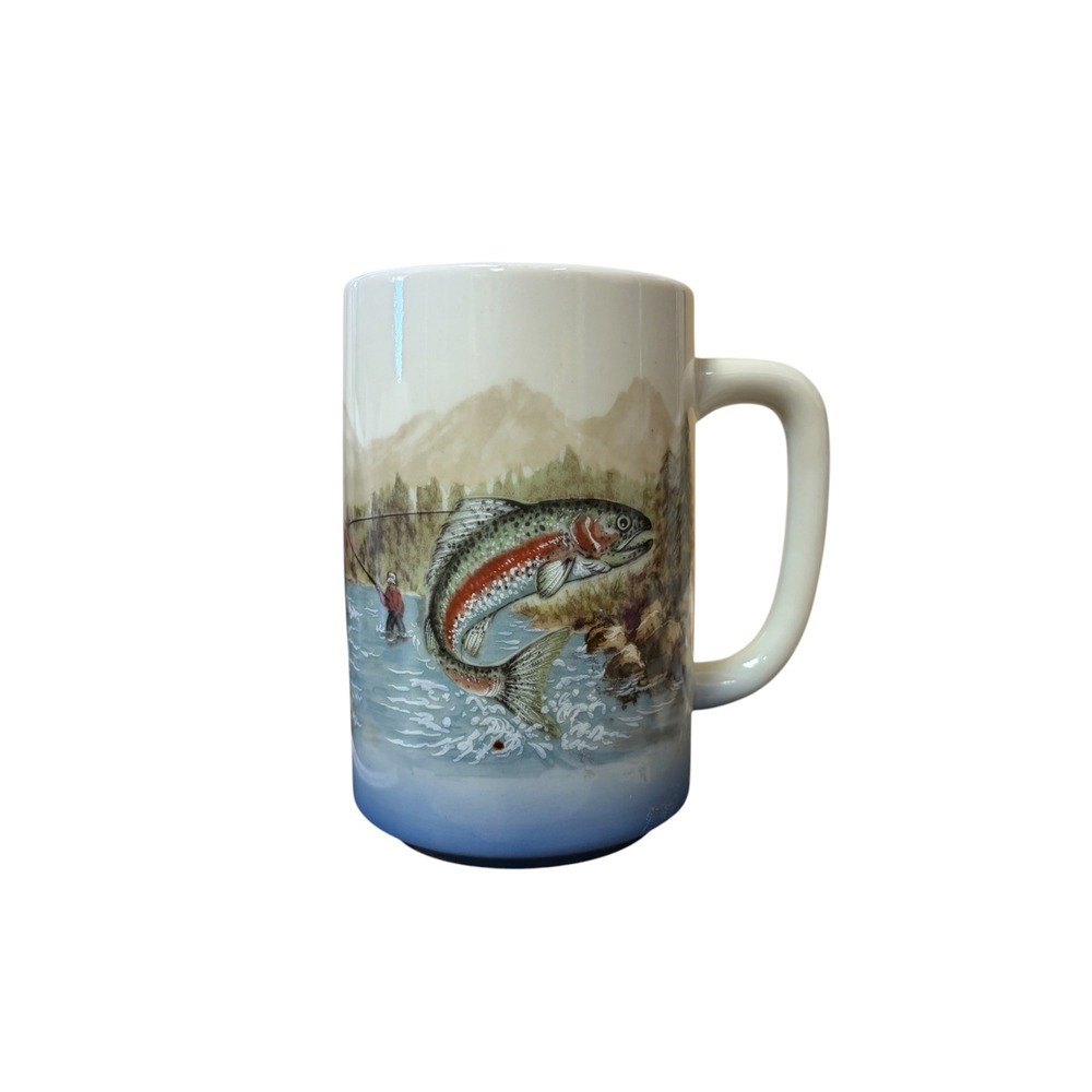 Vintage Otagiri Japan Rainbow Trout Fishing Coffee Mug Stoneware Cabin Decor